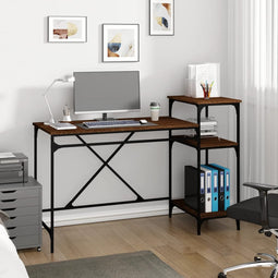 Bureau met schappen 135x50x90 bewerkt hout en ijzer bruineiken