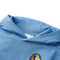 Kindertrui met capuchon 140 blauw en zachtgeel