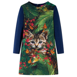 Kinderjurk met lange mouwen kattenprint 140 marineblauw