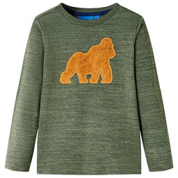 Kindershirt met lange mouwen gorilla-ontwerp 140 gemleerd kakikleurig