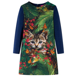 Kinderjurk met lange mouwen kattenprint 116 marineblauw