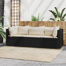 3-delige Loungeset met kussens poly rattan zwart