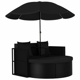 Tuinbed met parasol poly rattan zwart