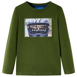 Kindershirt met lange mouwen helmprint 128 donkerkakikleurig