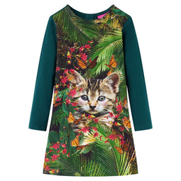 Kinderjurk met lange mouwen kattenprint 92 donkergroen