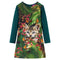 Kinderjurk met lange mouwen kattenprint 92 donkergroen