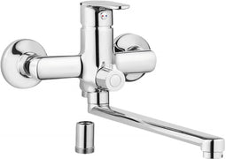 Wall-mounted washbasin and bath mixer with extended spout - hose connection