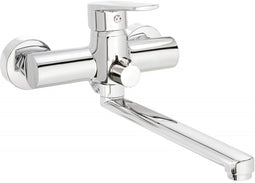 Wall-mounted washbasin and bath mixer with extended spout - hose connection