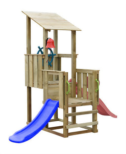 Houten speeltoren piraat incl 2 glijbanen - Prestige Garden lange kant rood - korte kant blauw