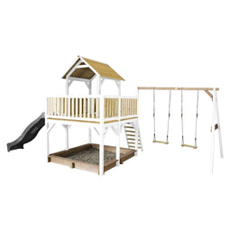 (Niet meer leverbaar) AXI Atka Speeltoren met Dubbele Schommel Bruin/wit - Grijze Glijbaan