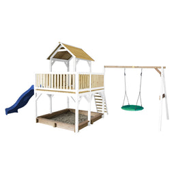 (Niet meer leverbaar) AXI Atka Speeltoren met Summer Nestschommel Bruin/wit - Blauwe Glijbaan