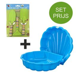 Zandbak schelp en tuinset met 3 tuin accessoires (groen)