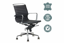 Feel Home - Lage design bureaustoel - Echt leer - Zwart