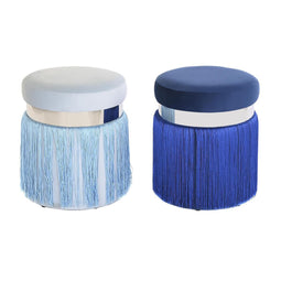 Voetensteun DKD Home Decor Zilverkleurig Metaal Hemelsblauw Marineblauw Franjes 35 x 35 x 41 cm (...
