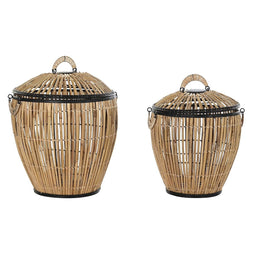 Mandenset DKD Home Decor Zwart Natuurlijk Metaal Rotan 48 x 48 x 55 cm (2 Stuks)