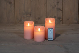 Anna's collection - 3ST KAARS ROZE WAX RUSTIEK BEWEGENDE VLAM 7,5X10/12,5/15CM AFSTANDSBEDIENING...
