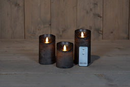 Annas collection - 3ST KAARS ANTRACIET WAX RUSTIEK BEWEGENDE VLAM 7,5X10/12,5/15CM AFSTANDSBEDIE...