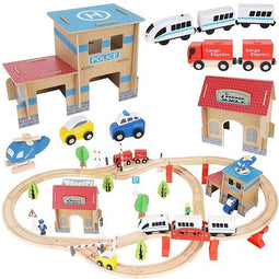 Houten treinbaan - elektrische trein - 89 delig - 90x50x14,5 cm