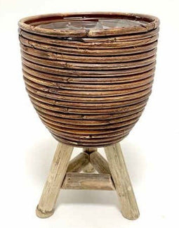 Van der Leeden - Bloempot Met Houten Poten Rotan Stripe D18H28Cm Brons