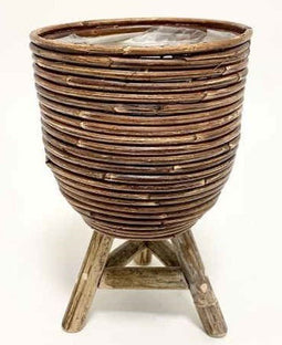 Van der Leeden - Bloempot Met Houten Poten Rotan Stripe D20H33Cm Brons