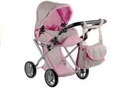 Poppenwagen - beige met roze stippen - verstelbare handgreep - omzetbaar in wandelwagen