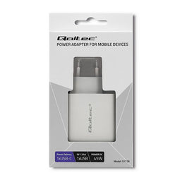 Qoltec 51718 Oplader | 45W | 5-20V | 2.4-3A | USB type C PD | USB | Wit