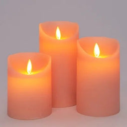 Anna's Collection - 3ST OPLAADBARE KAARS ROZE WAX RUSTIEK BEWEGENDE VLAM 7,5X10/12,5/15CM MET IND...