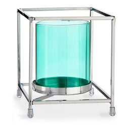 Kaarshouder Vierkant Zilverkleurig Blauw 11,5 x 12,6 x 11,5 cm Metaal Glas