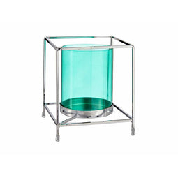 Kaarshouder Vierkant Zilverkleurig Blauw 14 x 15,5 x 14 cm Metaal Glas
