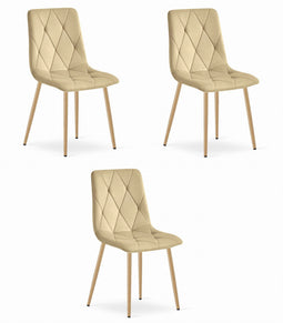 Fluwelen stoel - 3 stuks - beige - houtkleurige poten