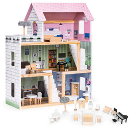 Houten poppenhuis - 3 niveaus - 4 kamers + terras - 15 meubels