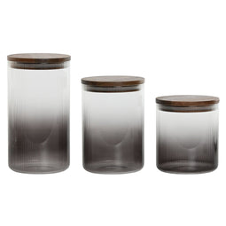 Set van 3 Potjes Home ESPRIT Grijs Natuurlijk Acacia Borosilicaatglas 900 ml 1,5 L 1,2 L 3 Onderd...