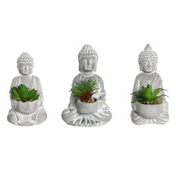 Decoratieve plant Home ESPRIT Polyethyleen Cement Boeddha Orientaals 10,5 x 8 x 16 cm (3 Stuks)