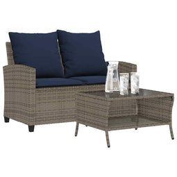 Tuinbank 2-zits met kussens & tafel poly rattan grijs