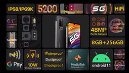 Ulefone Armor 11 5G Handys - Octa-Core Outdoor Smartphone ohne Vertrag Android 10 MediaTek Abmessung 800 Chipsatz 8GB & 256GB 48MP Hauptkamera 20MP IR-Nachtsichtkamera 6,1-Zoll-Bildschirm