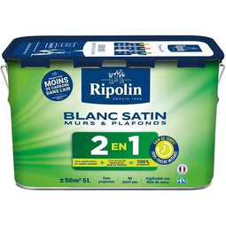 RIPOLIN - Extreme Muur- en Plafondverf - Geïntegreerde grondverf - Satijnwit - 5 liter, 382322