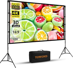 Beamer Leinwand mit Ständer, Towond 100 Zoll Indoor Beamer Leinwand Portable Outdoor kino Screen 16:9 4K HD Rear Front Garden Projektor Leinwand mit Tragetasche für Home Party Cinema Nights