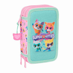 Driedubbele Pennenzak SuperKitties Roze Turkoois 12,5 x 19,5 x 5,5 cm 37 Onderdelen