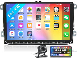 Android Autoradio voor VW met GPS Navigatie,9 Inch Touchscreen met Bluetooth iOS/Android Mirror Link/USB/WiFi/FM Radio voor VW Golf 6 5 T5 Skoda Seat Polo Caddy Tiguan+Achteruitrijcamera