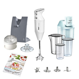 Staafmixer set M200 Baking incl. 5 opzetstukken, SliceSy, houder, Processor, Powderdisk, bekerset, receptenboekje, 200 watt, 2 niveaus, roestvrij staal, Made in Switzerland - wit