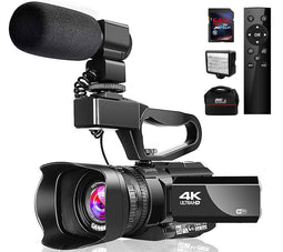 Videokamera 4K Camcorder mit Mikrofon 48MP Vlogging Kamera WiFi YouTube Kamera IR Nachtsicht 3"Touchscreen 30X Digital Zoom Video Camcorder Recorder mit 360 ° Funkfernbedienung und Gegenlichtblende