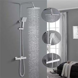 Regendouche met thermostaat, doucheset met 81-117cm roestvrij staal, instelbare douchestangen, douche-armatuurset met vierkante douchekop en handdouche, chroom
