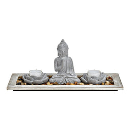 Buddha met 2 theelichthouders, houten dienblad, decoratiestenen van grijs cement (B/H/D) 33x14x14cm