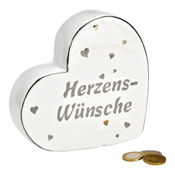 Spaarpot Hart, Hartewensen, van wit keramiek (B/H/D) 16x15x5cm