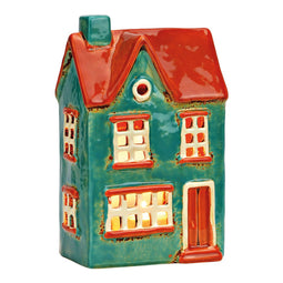 Lichthuis van aardewerk, turquoise/oranje (B/H/D) 12x19x8cm