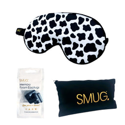 Satin Sleep Mask - Cow Print - Sleep Mask, Black Earplugs & Bag