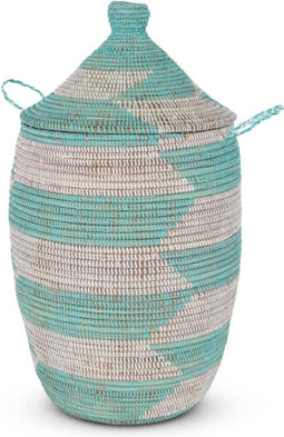 Safaary - Rieten Wasmand met Deksel van Zeegras Turquoise-Ø 45 x 75cm