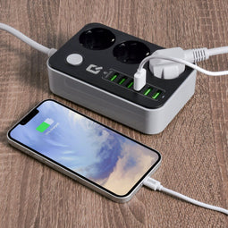 6 USB-poorten, 3 stopcontacten en een snoer van 1,6 meter voor al uw apparaten
