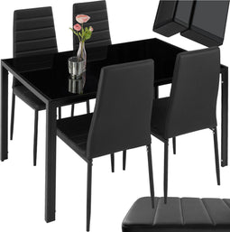 TecTake Eetkamergroep Berlin - 5-delig - 4 stoelen en tafel van veiligheidsglas - zwart