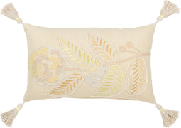 J-Line kussen Rechthoek Bloem + Kwastjes - katoen - lichtgeel